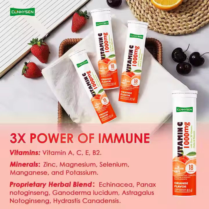 OEM ODM Comprimidos de vitamina C efervescente 1000mg Más de 20 vitaminas hierbas minerales apoyo inmunológico