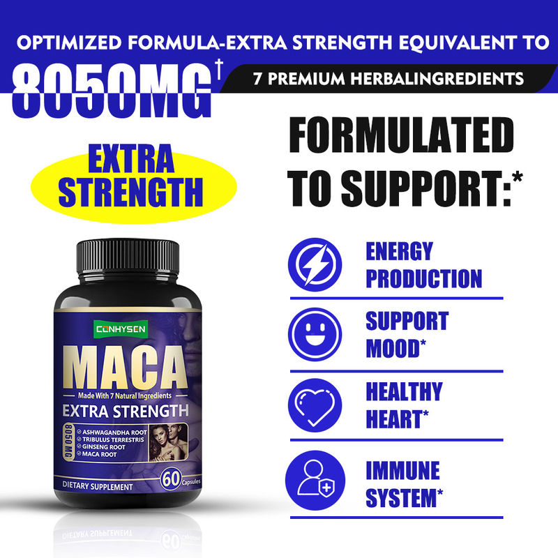 OEM Maca cápsulas de mejora masculina apoyo a la energía hombres píldoras de potencia Tongkat Ali cápsulas