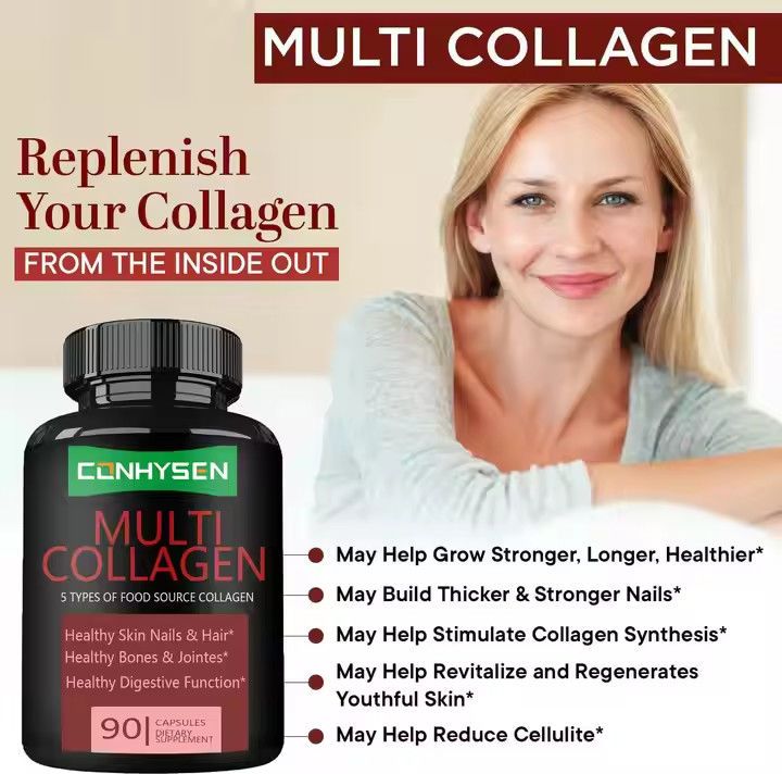 Las cápsulas de colágeno multicolor con vitamina C apoyan la piel, las uñas y el cabello saludables.
