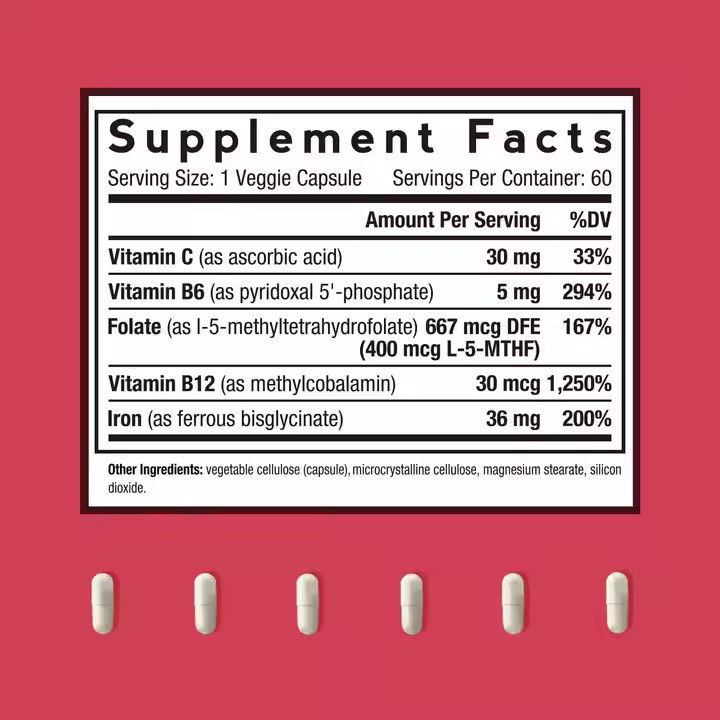 Cápsulas de hierro con suplementos de vitaminas para apoyar la formación de glóbulos rojos 60 cápsulas