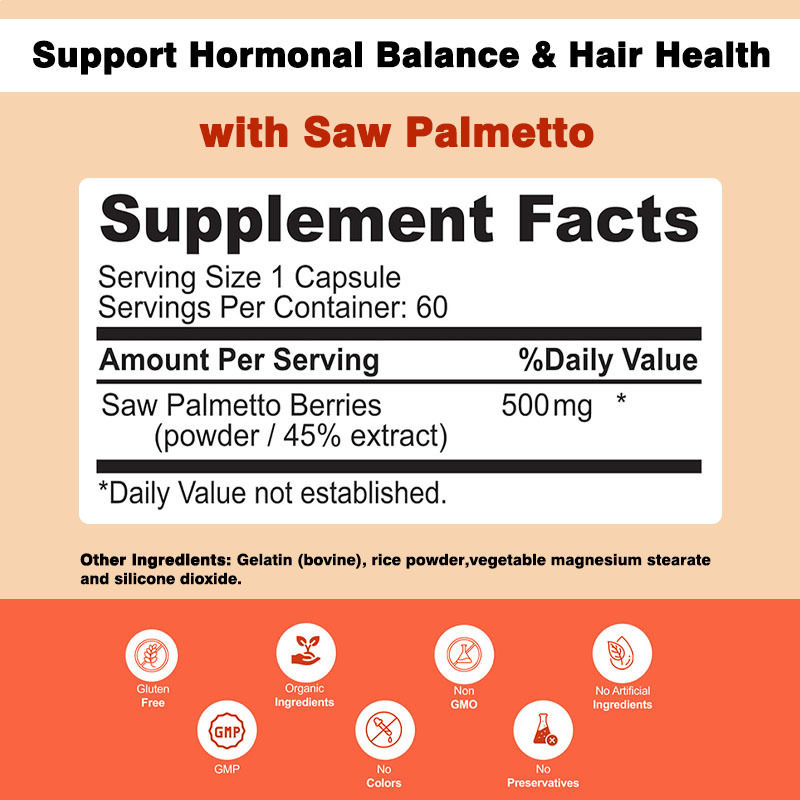 No OGM Saw Palmetto cápsulas 500 mg Complejo de apoyo Equilibrio hormonal Salud del cabello