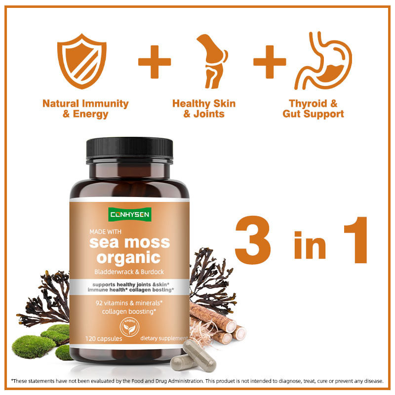 Las cápsulas orgánicas de musgo marino con la vejiga destrozada de bardana apoyan las articulaciones y la piel saludables