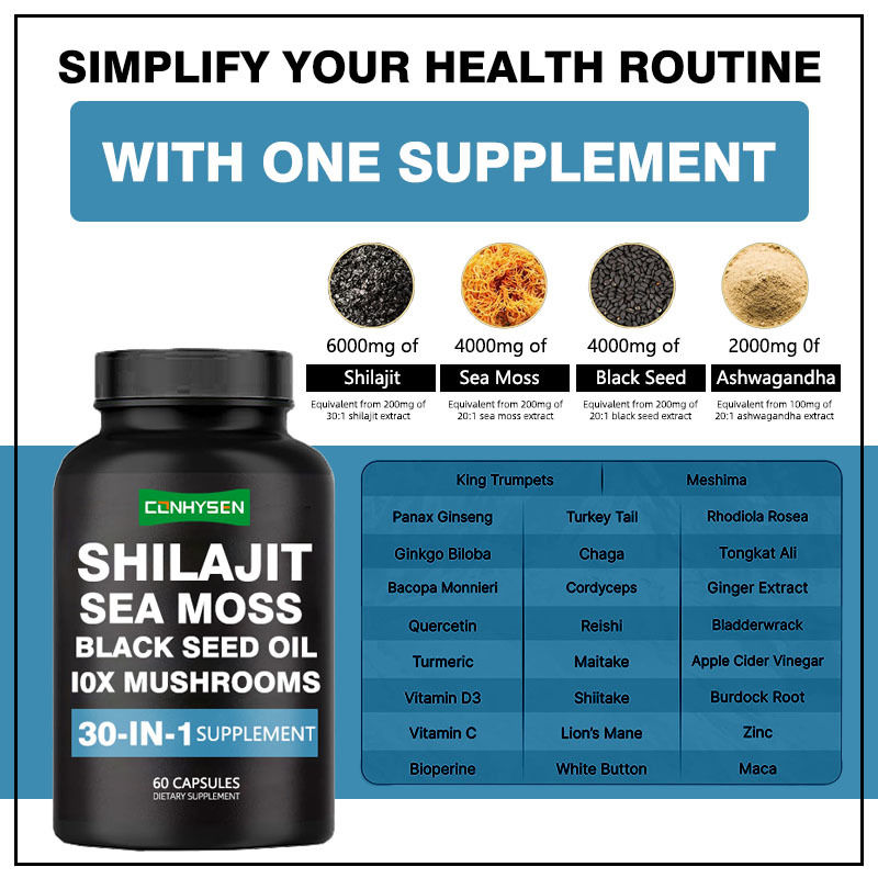 Cápsulas de Shilajit con Aceite de Semilla Negra y Musgo Marino Suplemento Dietético para el Apoyo Inmunológico