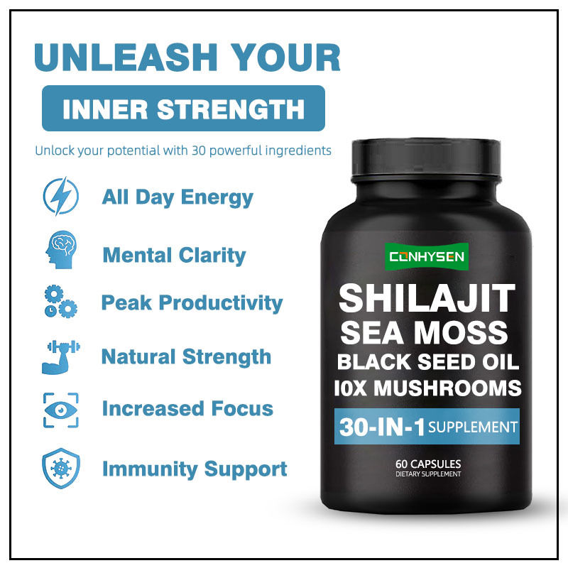 Cápsulas de Shilajit con Aceite de Semilla Negra y Musgo Marino Suplemento Dietético para el Apoyo Inmunológico