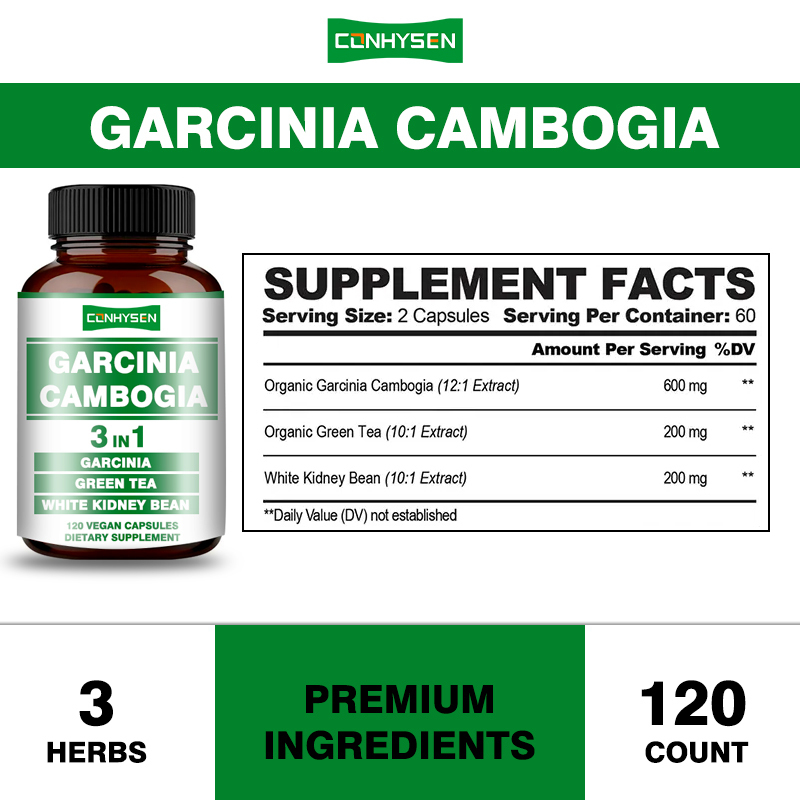 Venta caliente Garcinia Cambogia cápsulas 3 en 1 cápsula vegana promueve la producción de energía con el té verde