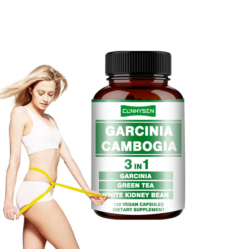 Venta caliente Garcinia Cambogia cápsulas 3 en 1 cápsula vegana promueve la producción de energía con el té verde