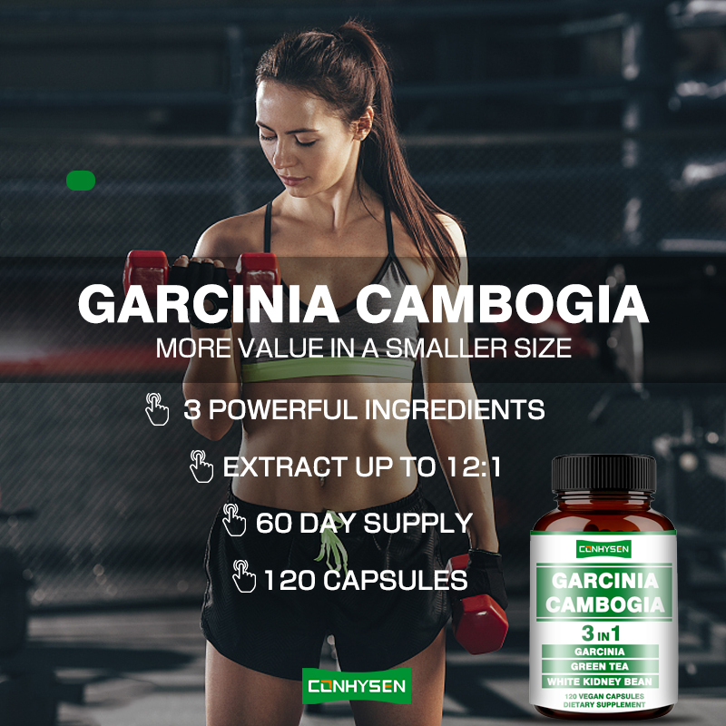 Venta caliente Garcinia Cambogia cápsulas 3 en 1 cápsula vegana promueve la producción de energía con el té verde