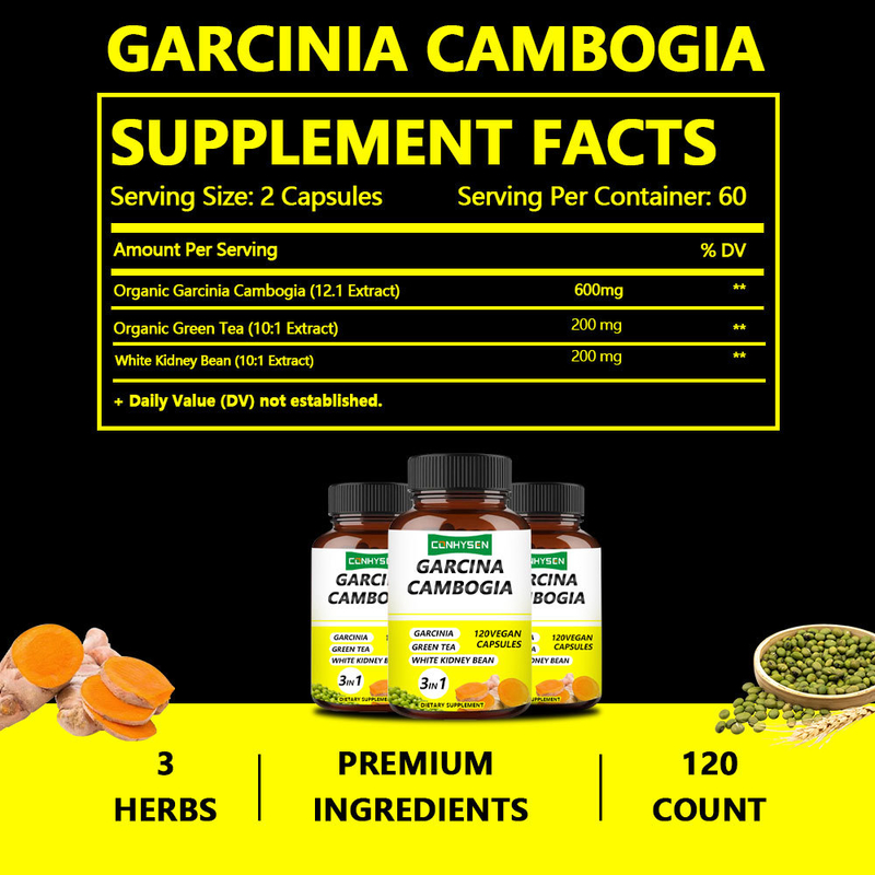 Suministro de fábrica Garcinia Cambogia cápsulas 3 en 1 Ingredientes de primera calidad Aumentan la producción de energía