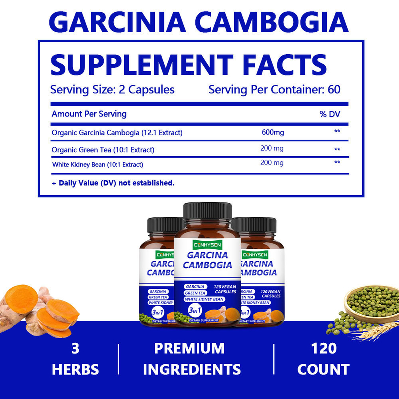Cápsulas de Garcinia Cambogia de Marcas Privadas, Suplemento 3 en 1 que Apoya el Equilibrio Corporal con Té Verde