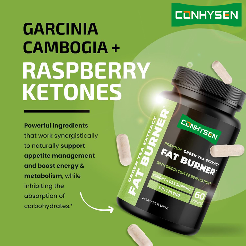 Combinación de quemador de grasa 5 en 1 de primera calidad con extracto de té verde Garcinia Cambogia Cetonas de frambuesa Apoyo natural para la pérdida de peso