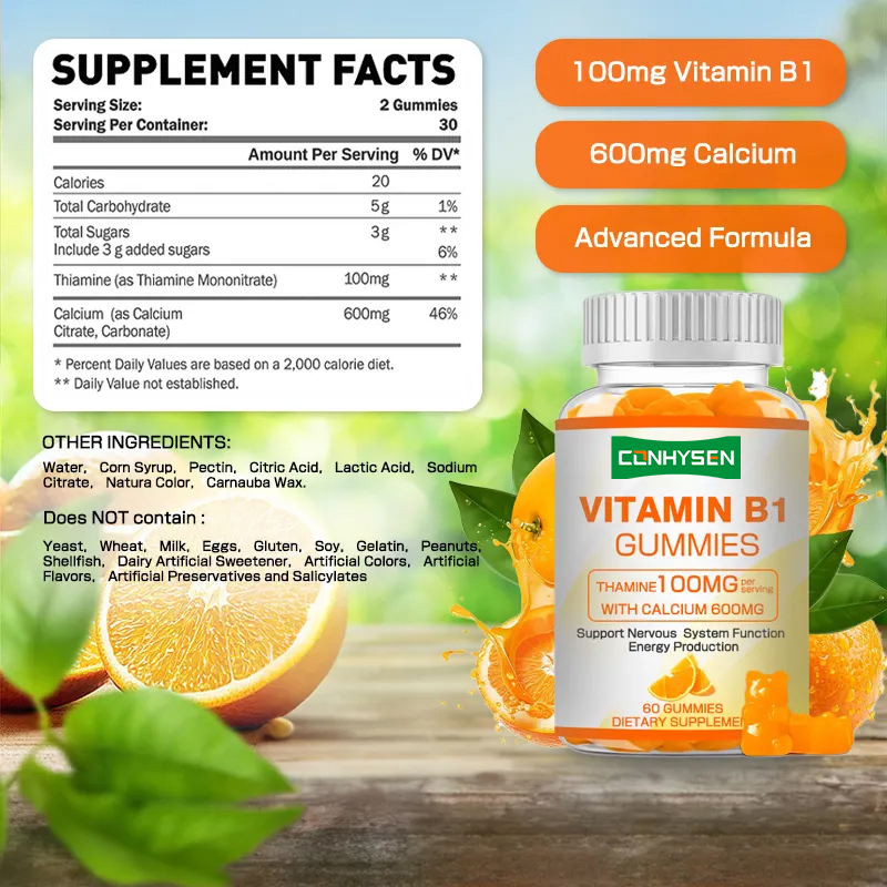 Las gomitas de vitamina B1 de marca privada aumentan la energía, promueven la salud cardíaca y mantienen la salud con un suministro natural.