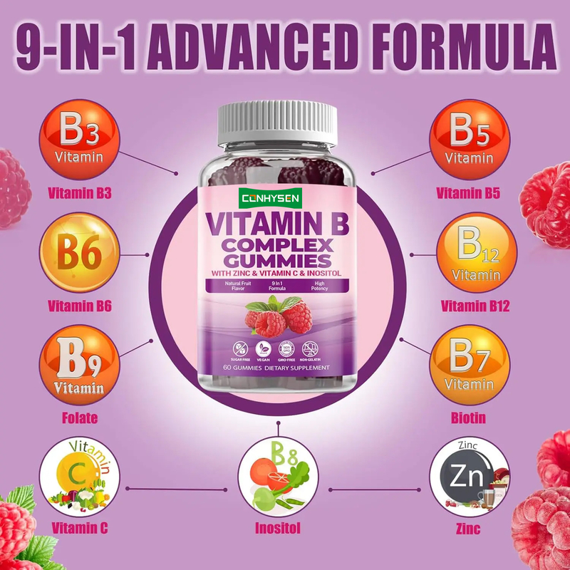 Gomitas de complejo de vitamina B para potenciar la inmunidad con vitamina C, B6, zinc y folato, suplemento dietético, caramelos de vitamina B12