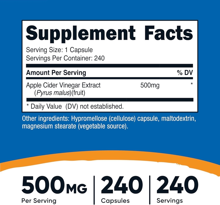 Suplemento Dietético OEM Cápsulas de Vinagre de Sidra de Manzana 500mg 240 Cápsulas Vegetarianas Natural Vegetariano GMP Sin OGM Sin Gluten