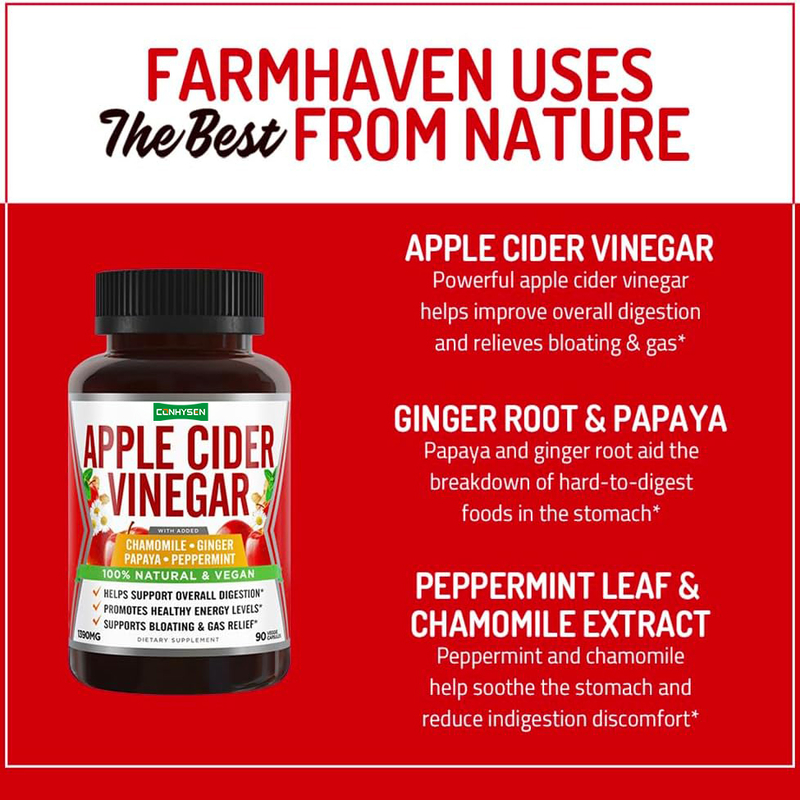 Cápsulas de Apoyo Digestivo con Vinagre de Sidra de Manzana, Jengibre, Papaya, Manzanilla y Menta para el Alivio Natural de la Hinchazón y el Aumento de Energía