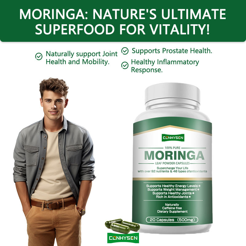 Las cápsulas de Moringa de etiqueta personalizada apoyan la próstata saludable con polvo de hojas de más de 92 nutrientes
