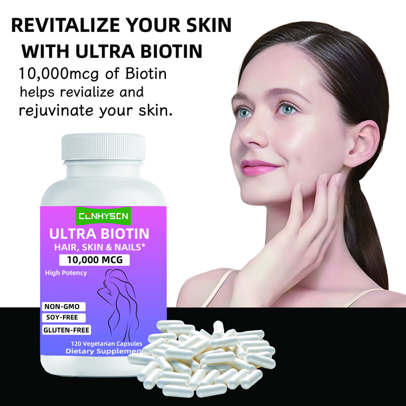 Cápsulas de Ultra Biotina de marca personalizada sin OGM Promueve el cabello, la piel y las uñas Suplemento de belleza