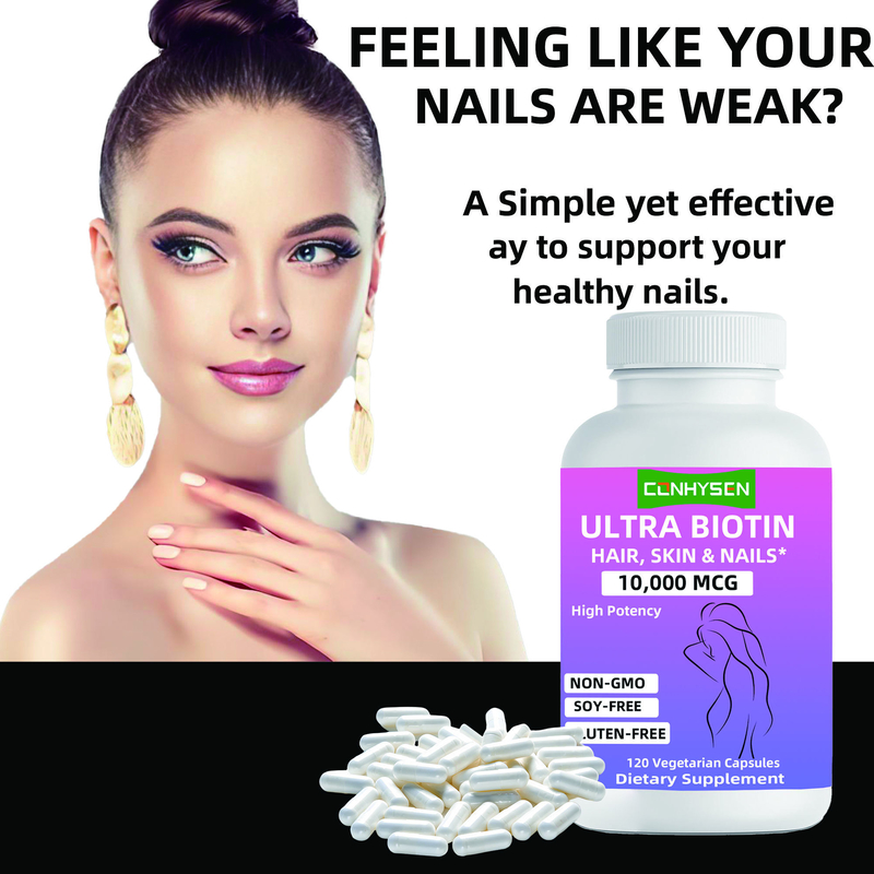 Cápsulas de Ultra Biotina de marca personalizada sin OGM Promueve el cabello, la piel y las uñas Suplemento de belleza