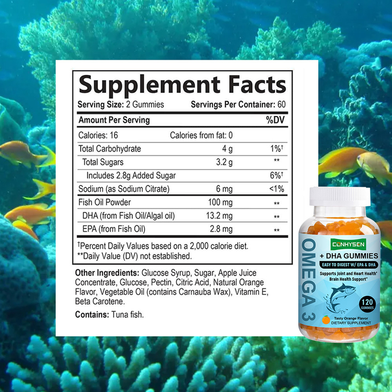 Suministro de fábrica de gomitas de omega 3 con sabor a naranja que promueven la salud cerebral y ocular