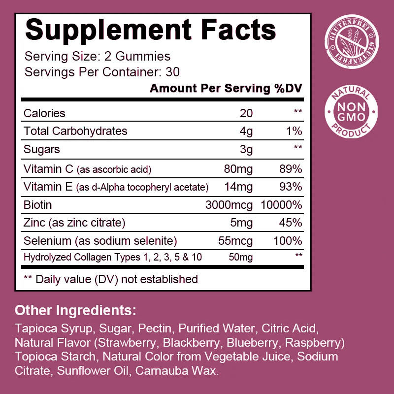 Etiqueta privada personalizada de 60 piezas de colágeno gomas de belleza Suplemento alimenticio para el cabello adulto piel saludable balanceado con azúcar en botella