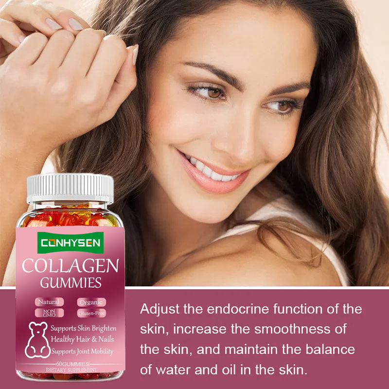 Etiqueta privada personalizada de 60 piezas de colágeno gomas de belleza Suplemento alimenticio para el cabello adulto piel saludable balanceado con azúcar en botella
