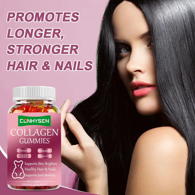 Etiqueta privada personalizada de 60 piezas de colágeno gomas de belleza Suplemento alimenticio para el cabello adulto piel saludable balanceado con azúcar en botella