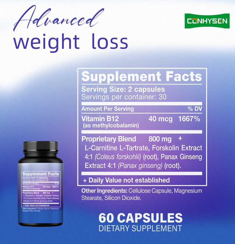 Suplemento quemagrasas de alta calidad para hombres y mujeres con Panax Ginseng, extracto de L-Carnitina, 60 cápsulas vegetarianas de fibra dietética para quemar grasa