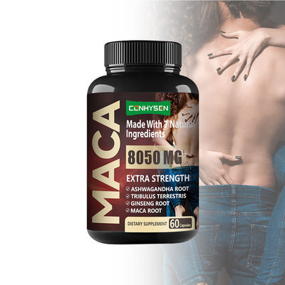 Logotipo personalizado cápsulas de polvo de raíz de maca orgánica para el poder del hombre fuerte