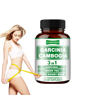 Venta caliente Garcinia Cambogia cápsulas 3 en 1 cápsula vegana promueve la producción de energía con el té verde